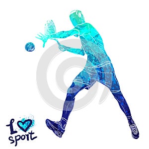 Bright watercolor silhouette of tennis player. Vector sport illustration. Graphic figure of the athlete. Active people