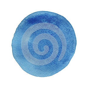 Bright watercolor spot. Painted blue circle background. Abstract texture isolated on white. Printable decoration
