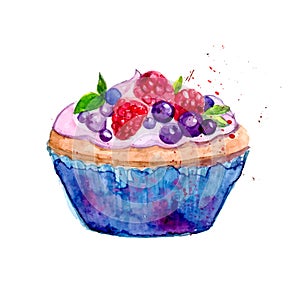 Bright watercolor tartlet illustration. Sweet vector dessert in blue package with berries: raspberry, blueberry and mint. photo