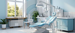 Bright and welcoming modern dental clinic interior adorned with light blue and white tones