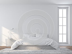 Bright white bedroom Furnished with white bed set 3d render