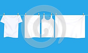 Bright white clothes hanging out on wire to dry. Realistic Illustrated vector.