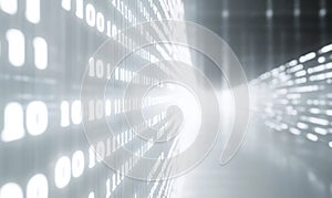 Bright white corridor filled with binary code on walls creating a sci-fi futuristic environment photo