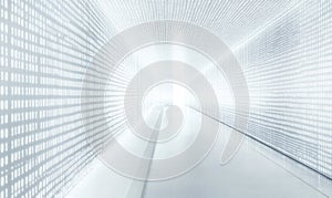 Bright white corridor filled with binary code on walls creating a sci-fi futuristic environment photo