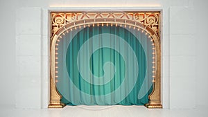 Bright white empty cabaret or comedy club stage with green curtain and art nuovo arch. 3d render