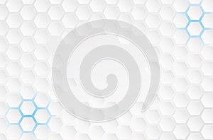 Bright white geometric vector background, hexagon shapes with gray gradient, bright blue light in the corners