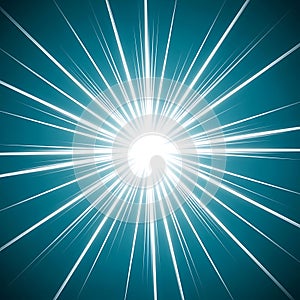 Bright white light rays exploding from center on teal background