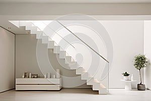 A bright white living room with a modern spiral staircase
