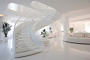 A bright white living room with a modern spiral staircase