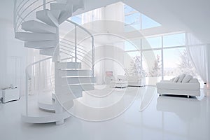 A bright white living room with a modern spiral staircase