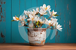 bright white magnolia blooms in a rustic pot