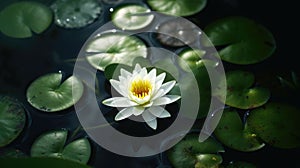 Bright white waterlily lotus flower in full bloom surrounded by green lily pads - generative ai