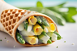 bright white and yellow tulips in a waffle ice cream cone, spring blossom idea, decorative festive trend