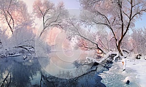 Bright winter landscape with hoarfrost everywhere. Mostly calm winter river, surrounded by trees covered with hoarfrost and snow t