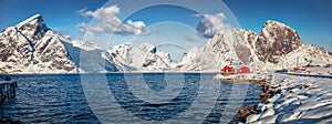 Bright winter seascape of Norwegian sea. Panoramic morning view of Hamnoy village, Lofoten Islands.