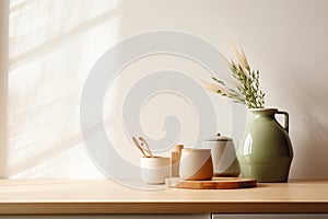Bright wood top green counter and warm white wall grass glass vase mug. Modern kitchen illustration.