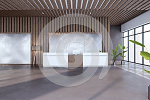 Bright wooden and concrete office lobby interior with reception desk, panoramic window with city view and other objects. Waiting