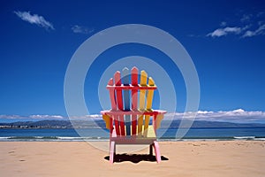 Bright wooden sun lounger standing on a beautiful and serene beach with magnificent scenery