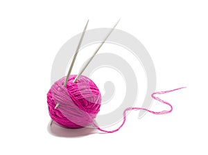 Bright woolen threads with spokes for knitting isolated on white background