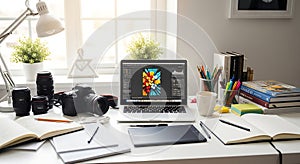 Bright Workspace: Laptop, Camera, and Creative Tools on White Desk by Window