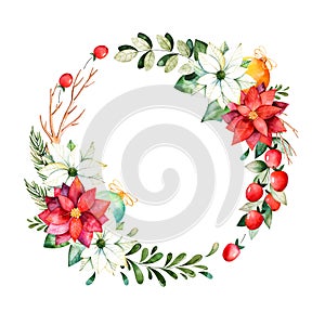 Bright wreath with leaves,branches,fir-tree,Christmas balls,berries,holly,pinecones,poinsettia.