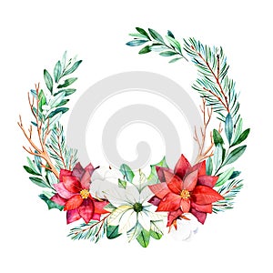 Bright wreath with leaves,branches,fir-tree,cotton flowers,pinecones,poinsettia