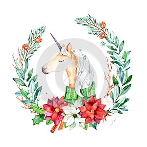 Bright wreath with leaves,branches,fir-tree,cotton flowers, poinsettia and cute unicorn with winter scarf