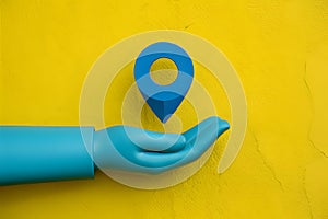 Bright yellow background, blue pin, hand holding grocery bag, seamless delivery service concept photo