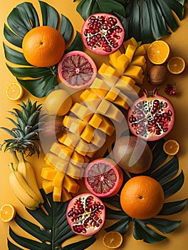 ON A BRIGHT YELLOW BACKGROUND pieces of frui. Created by artificial intelligence