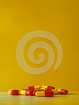 Bright Yellow Background with Red and Yellow Capsules Piled in Foreground Health and Medicine Concept