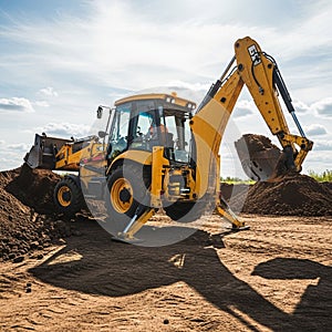 A bright yellow backhoe loader is at work on a construction site with