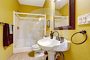 Bright yellow bathroom with glass door shower