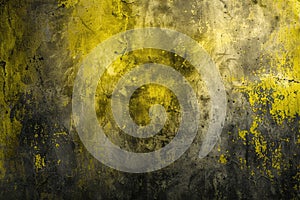 A bright yellow and black painted wall with a fire hydrant in place