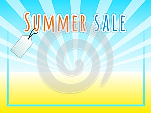 Bright yellow-blue background with rays and with the words `SUMMER SALE` with a tag for the price and plenty of space for text and
