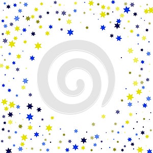 Bright yellow and blue stars scattered on a white background. Festive background. Design element. Vector illustration
