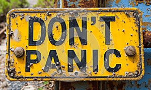 Bright yellow cautionary sign with bold black letters spelling DONT PANIC, conveying a message of staying calm and not