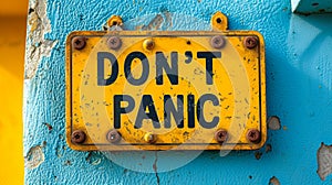Bright yellow cautionary sign with bold black letters spelling DONT PANIC, conveying a message of staying calm and not