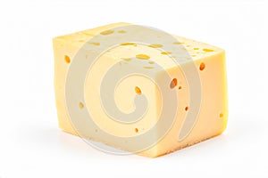 Bright yellow cheese with distinct holes, isolated on white backdrop. Ideal for culinary arts, food advertisements, or educational