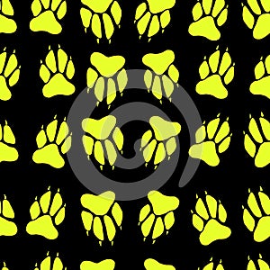 Bright yellow color paw print dog imprint seamless pattern, blac