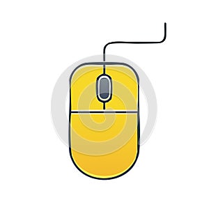 Bright yellow computer mouse with wire, simple illustration of input device