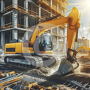 Bright yellow construction excavator at work on building site