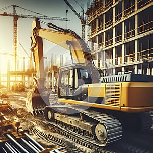 Bright yellow construction excavator at work on building site