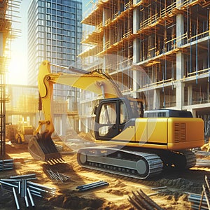 Bright yellow construction excavator at work on building site