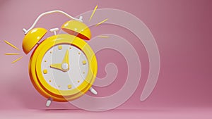 Bright yellow cute alarm clock ringing illustration. Cartoon style 3d render