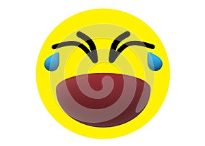 A bright yellow emoticon smiley icon of a crying face with tears white backdrop