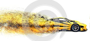 Bright yellow fast super car - particle explosion effect