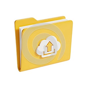 A bright yellow folder with a cloud upload icon symbolizing digital data storage and transfer isolated on white background