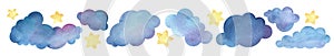 Bright yellow gold stars between cute cartoon blue clouds. Elongated border decorative element. Hand painted watercolor on paper