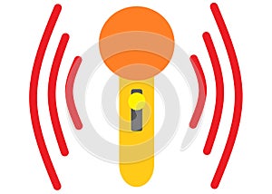 A bright yellow golden microphone emitting red soundwaves white backdrop