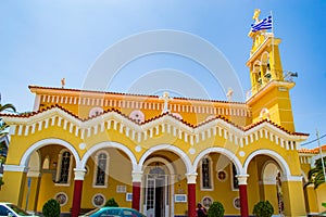 Bright yellow Greek Orthodox church Argostoli town Kefalonia island Greece